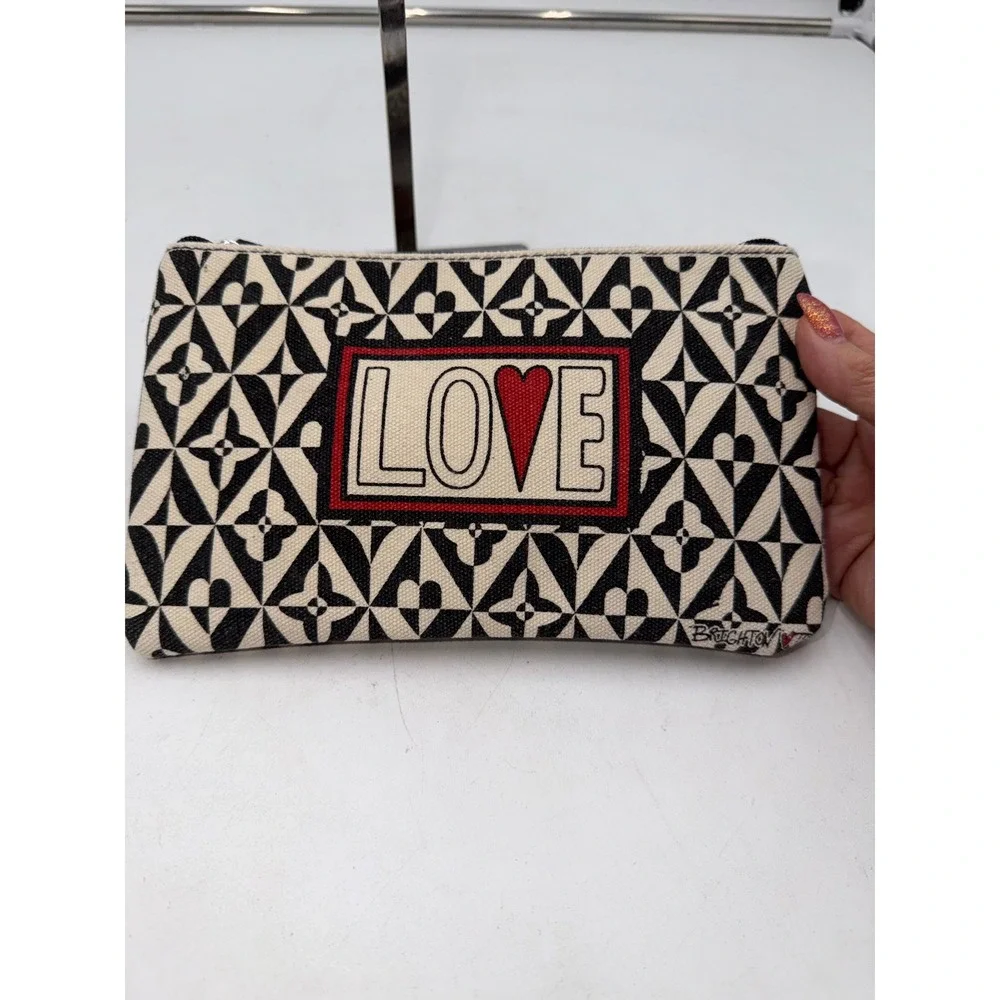 Brighton LOVE Heart Geometric Canvas Zipper Pouch Cosmetic Bag Black Cream Red